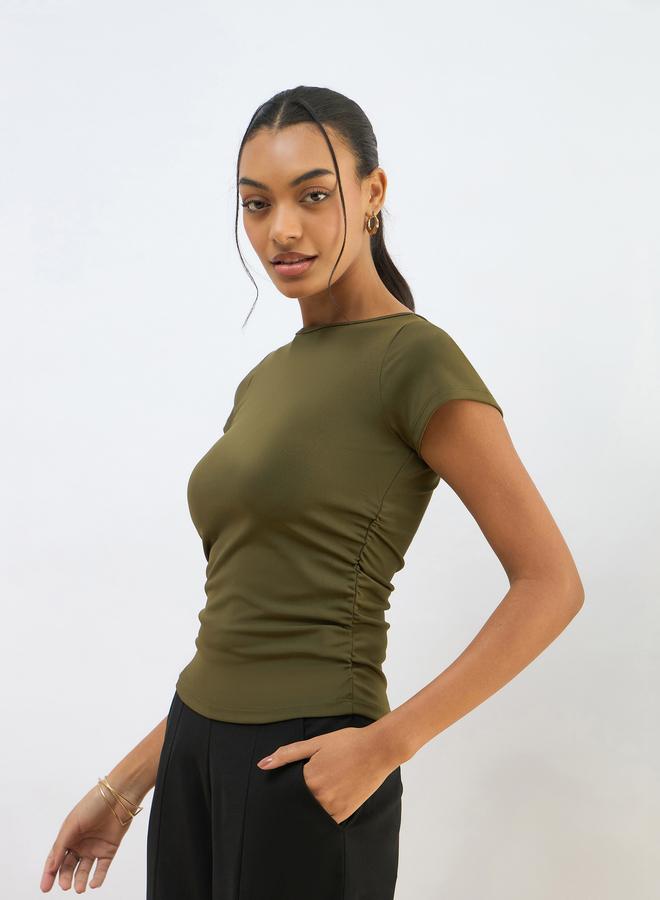 SASSAFRAS Olive Knitted Short Sleeve Ruched Crop Top - Image 3