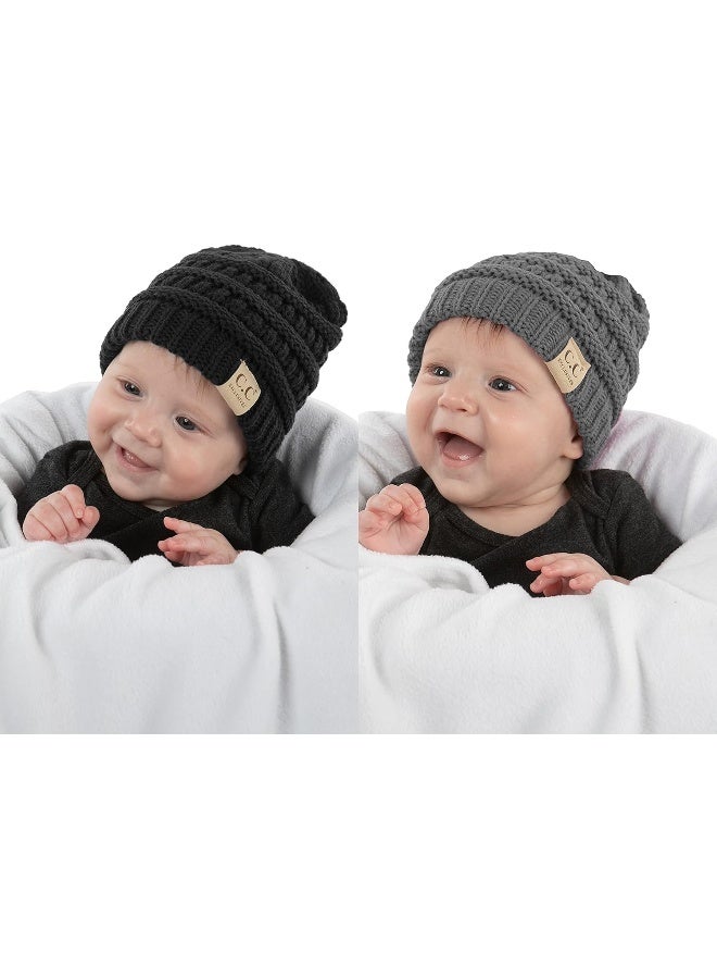 Funky Junque Infant Baby Boy Skull Cap Hats (NO POM) - Black & Heather Grey (2 Pack) - Image 1