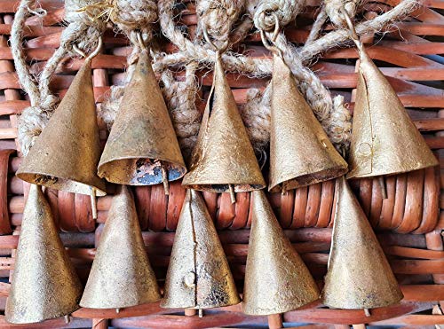 HIGHBIX 4cm Small Vintage Rustic Lucky Tin Metal Cow Bells Handmade Christmas Dcor Bells on Jute Rope 10 Cone - Image 3