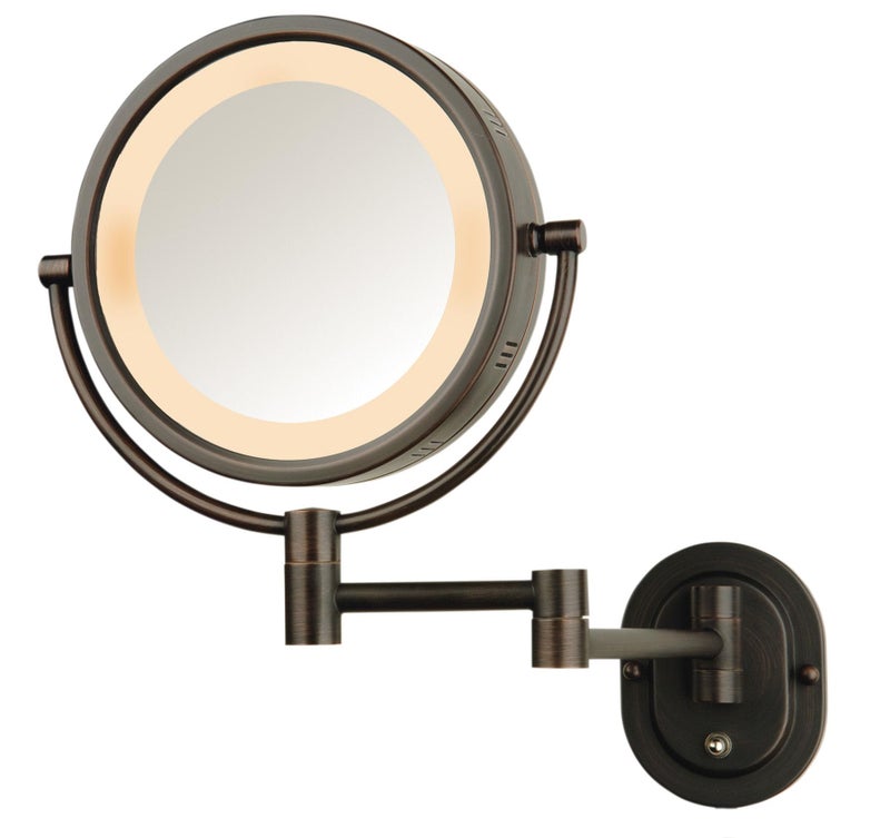 JERDON TwoSided WallMounted Makeup Mirror with Halo Lighting  Lighted Makeup Mirror with 5X Magnification  WallMount Arm  Plug in Round Mirror with Bronze Finish Wall Mount  Model HL65BZ