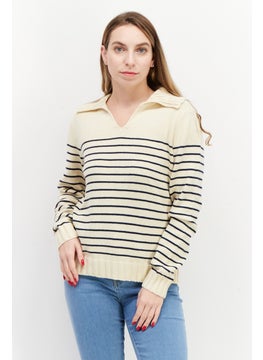 Women Spread Collar Stripe Sweater, Beige