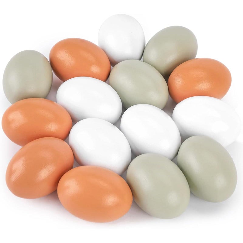 POPLAY 15PCS Wooden Fake Eggs, 3 Colors Wooden Chicken Faux Eggs for DIY Crafts Egg Painting Chicken Nest - Image 1