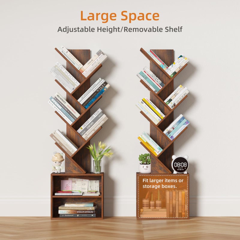 SHEEPAM 10 Tier Tree Bookshelf,Floor Standing Wood Tall Bookcase for Narrow Space, Storage Organizer Bookshelves for Books, Book Case for CDs/Movies/Books,Home Office,Living Room, Bedroom - Image 2