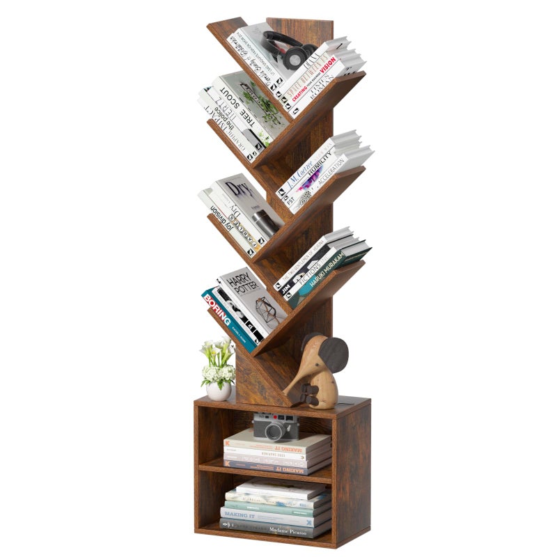 SHEEPAM 10 Tier Tree Bookshelf,Floor Standing Wood Tall Bookcase for Narrow Space, Storage Organizer Bookshelves for Books, Book Case for CDs/Movies/Books,Home Office,Living Room, Bedroom - Image 1