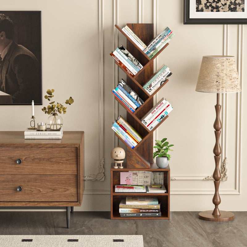 SHEEPAM 10 Tier Tree Bookshelf,Floor Standing Wood Tall Bookcase for Narrow Space, Storage Organizer Bookshelves for Books, Book Case for CDs/Movies/Books,Home Office,Living Room, Bedroom - Image 5