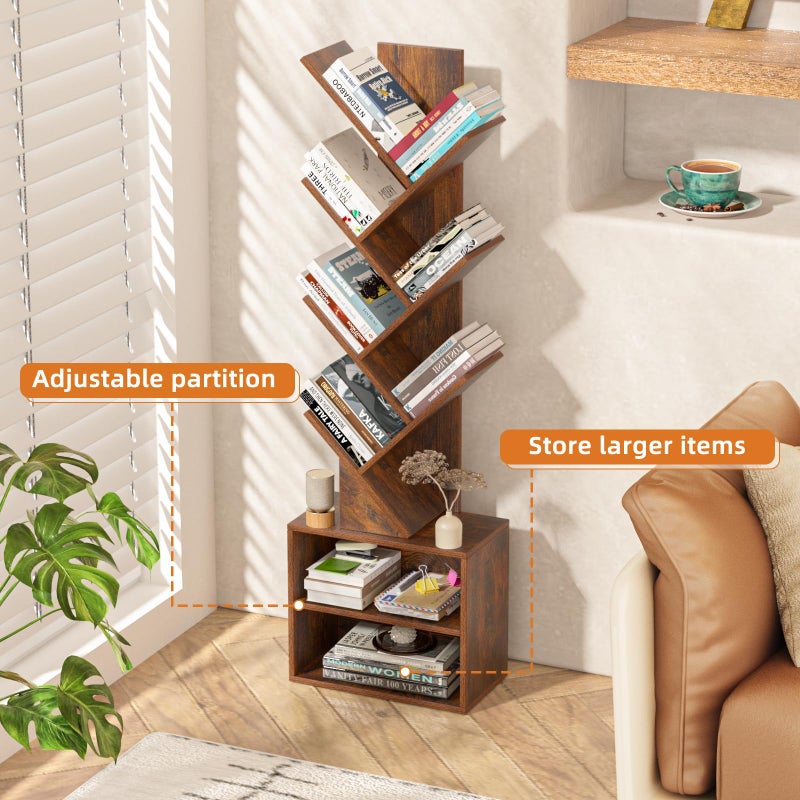SHEEPAM 10 Tier Tree Bookshelf,Floor Standing Wood Tall Bookcase for Narrow Space, Storage Organizer Bookshelves for Books, Book Case for CDs/Movies/Books,Home Office,Living Room, Bedroom - Image 4