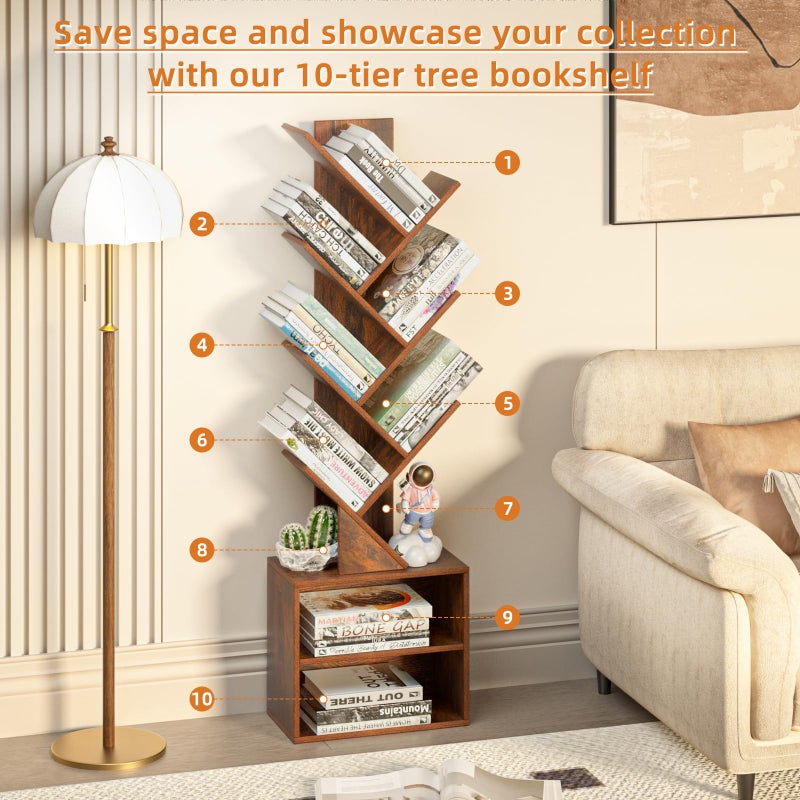 SHEEPAM 10 Tier Tree Bookshelf,Floor Standing Wood Tall Bookcase for Narrow Space, Storage Organizer Bookshelves for Books, Book Case for CDs/Movies/Books,Home Office,Living Room, Bedroom - Image 3