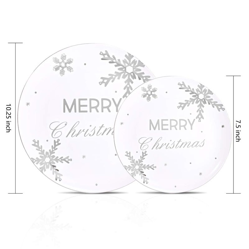 WDF 50Pieces Christmas Silver Plastic Plates- Snowflake Plastic Plates-Heavyweight White and Silver Disposable Plates for Christmas - Image 2