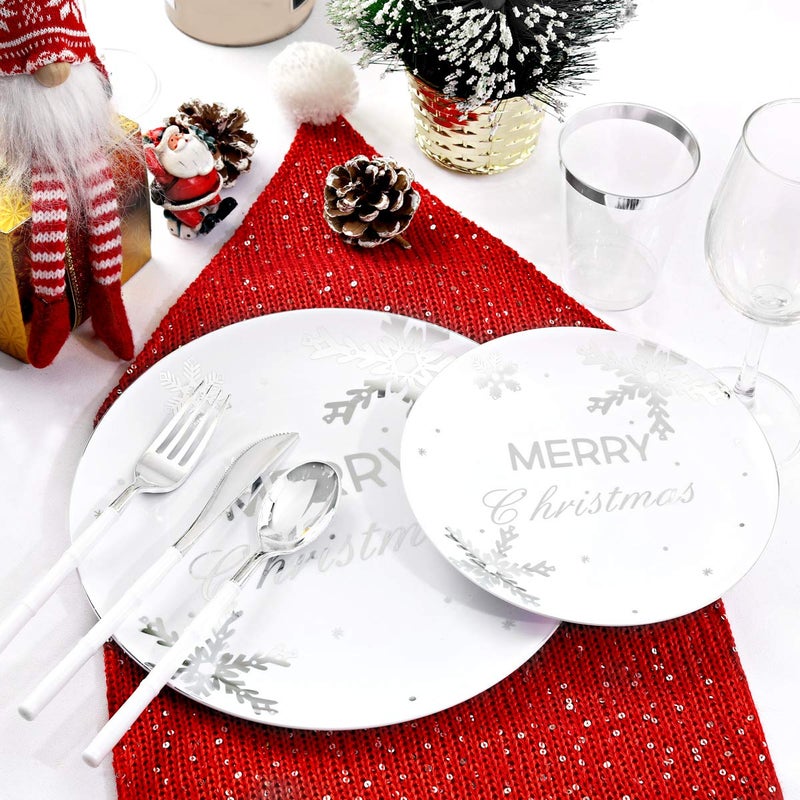 WDF 50Pieces Christmas Silver Plastic Plates- Snowflake Plastic Plates-Heavyweight White and Silver Disposable Plates for Christmas - Image 4