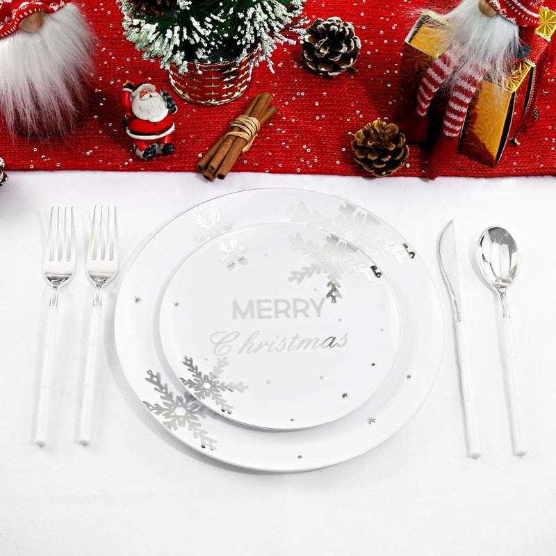 WDF 50Pieces Christmas Silver Plastic Plates- Snowflake Plastic Plates-Heavyweight White and Silver Disposable Plates for Christmas - Image 5