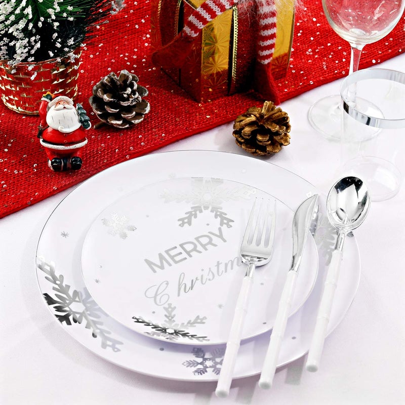 WDF 50Pieces Christmas Silver Plastic Plates- Snowflake Plastic Plates-Heavyweight White and Silver Disposable Plates for Christmas - Image 3