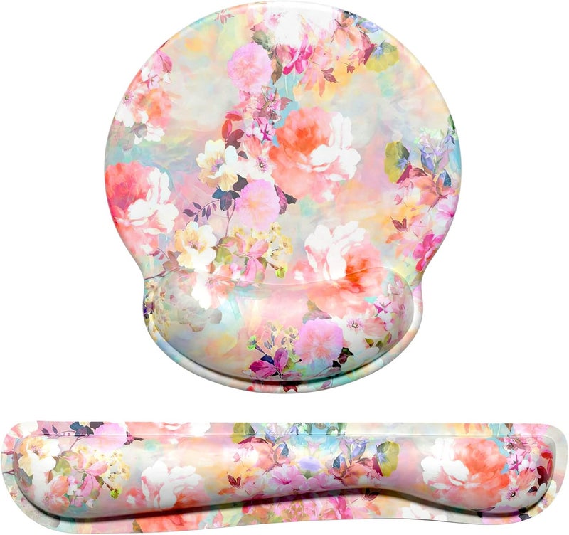 Dapesuom Keyboard Wrist Rest and Mouse Pad with Wrist Support, Cute Memory Foam Cushion for Keyboard and Mouse Set, Desktop Pad Rests with Non Slip Base for Easy Typing & Pain Relief, Peonies Floral - Image 1