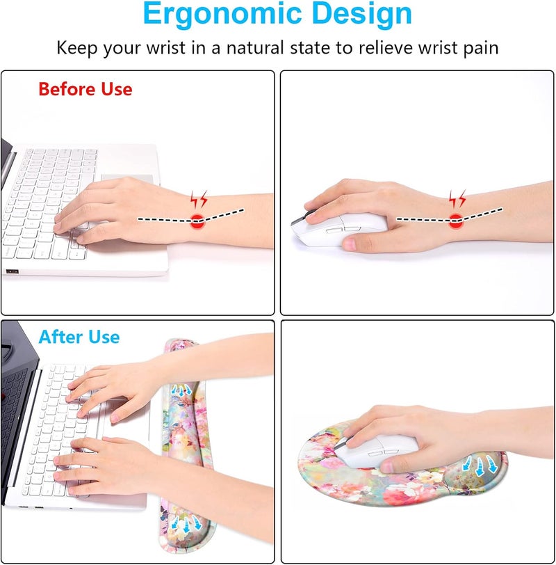 Dapesuom Keyboard Wrist Rest and Mouse Pad with Wrist Support, Cute Memory Foam Cushion for Keyboard and Mouse Set, Desktop Pad Rests with Non Slip Base for Easy Typing & Pain Relief, Peonies Floral - Image 4