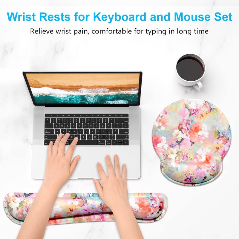 Dapesuom Keyboard Wrist Rest and Mouse Pad with Wrist Support, Cute Memory Foam Cushion for Keyboard and Mouse Set, Desktop Pad Rests with Non Slip Base for Easy Typing & Pain Relief, Peonies Floral - Image 2