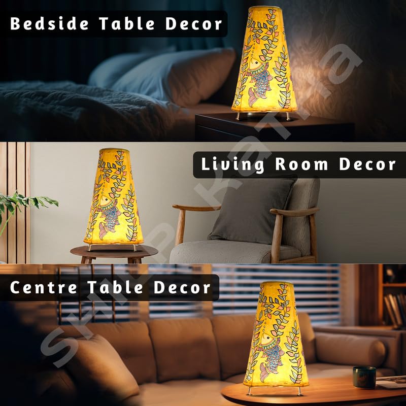 SHILP KATHA Handicraft Leather Table Lamp for Home Decoration | Handmade Side Table Lamp Shade for Bedroom Decor | Decorative festival gift for Living Room, Desk, Spiritual Décor | Flight of Fishes - Image 2