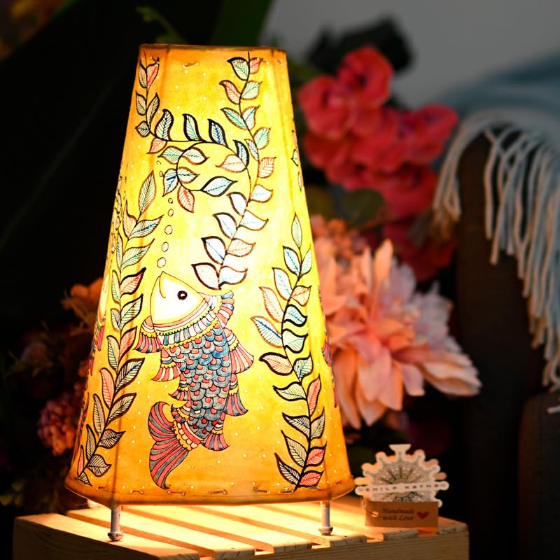SHILP KATHA Handicraft Leather Table Lamp for Home Decoration | Handmade Side Table Lamp Shade for Bedroom Decor | Decorative festival gift for Living Room, Desk, Spiritual Décor | Flight of Fishes - Image 3