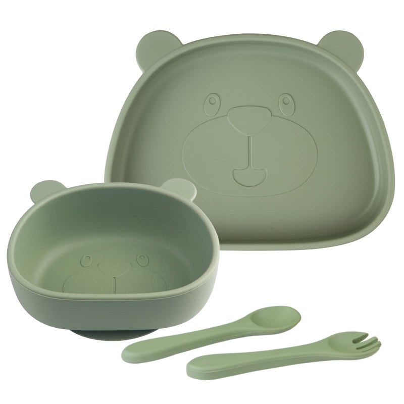 EAQ Suction Baby Plate and Bowl Set with Fork Spoon, Silicone Baby Led Weaning Supplies for Toddler Self Feeding, BPA Free Dishwasher and Microwave Safe (Olive) - Image 1