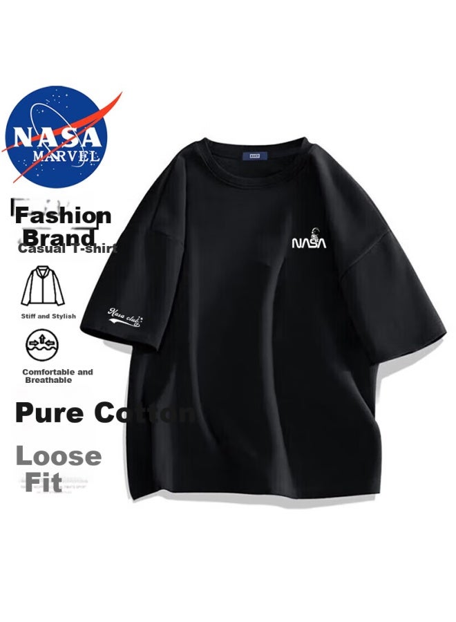 Nasa Marvel Short-sleeve T-shirt For Men, Outdoor Casual Half-sleeve, Summer Round Neck Pure Cotton Trendy Loose Fit Couple Style, White, XL