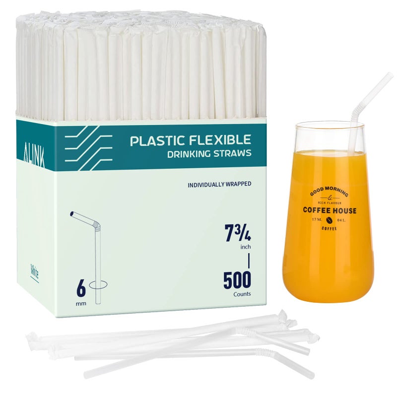 ALINK 500 Counts Clear Flexible Drinking Straws  Individually Wrapped Plastic Disposable Bendy Straws - 7.75"" x 0.23"" - Image 1