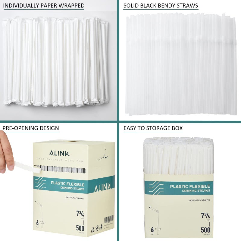ALINK 500 Counts Clear Flexible Drinking Straws  Individually Wrapped Plastic Disposable Bendy Straws - 7.75"" x 0.23"" - Image 3
