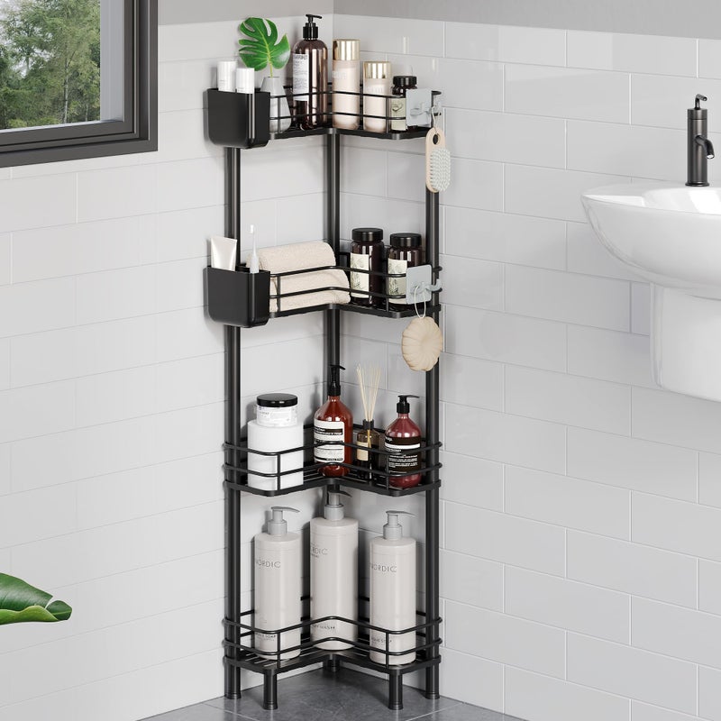 Orimade Corner Shower Caddy Freestanding 4 TierRustproof Floor Standing Bathroom Shelf with Adjustable FeetStorage Stands with Hooks for Bathroom Black