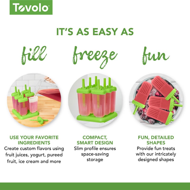 Tovolo Popsicle Molds with Sticks (6-Pack, Groovy) - Reusable Ice Pop Molds & Sticks for Homemade Ice Pops & Frozen Snacks - Stackable Popsicle Maker with Lid, Dishwasher Safe & BPA-Free - Green - Image 5