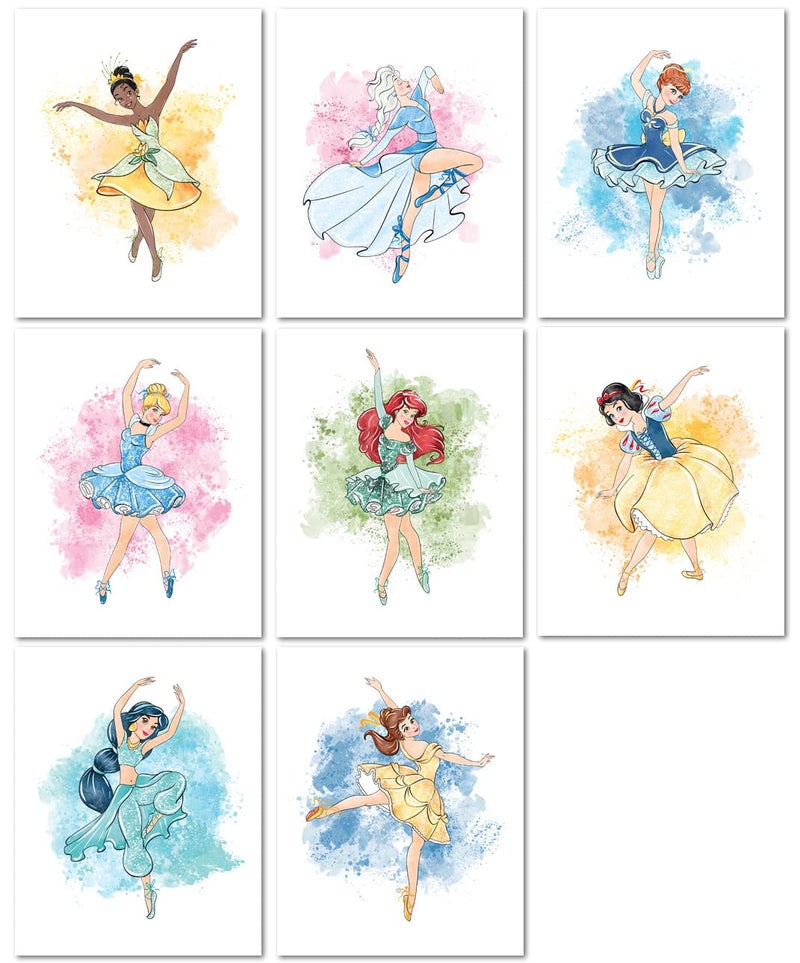 Nistio Disney Princess Ballerina Wall Art Prints Princess Playroom Decor Elsa Cinderella Ariel Snow White Belle Jasmine Princess Anna Tiana Set of 8 8x10 inches Unframed