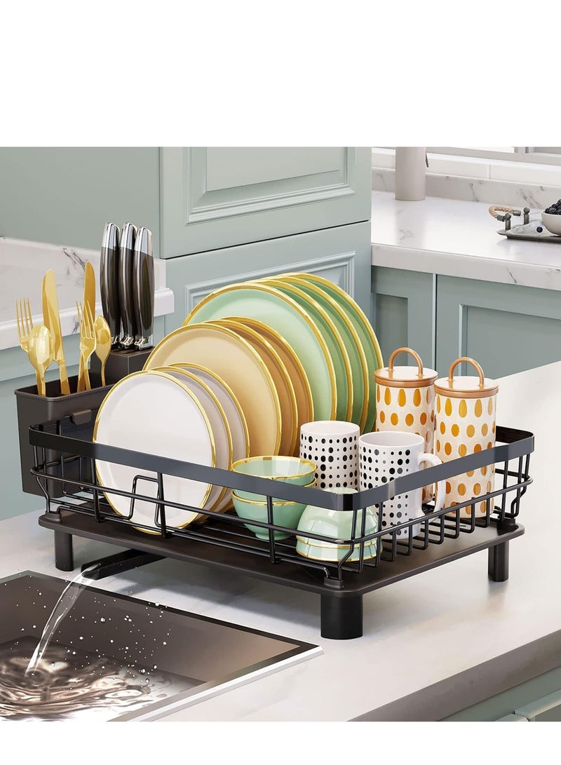 Iron Dish Drying Rack with Drainboard Dish Drainers for Kitchen Counter Sink Adjustable Spout Dish Strainers with Utensil Holder and Knife Slots