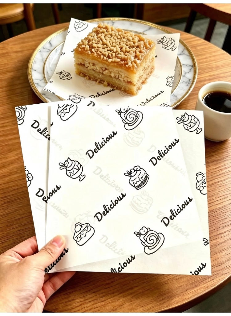 200Pcs Wax Paper Sheets for Food, Food Grade Oil Proof Paper Sandwich Wrapping Paper, Basket Liners Food Picnic Paper Sheets Greaseproof Deli Wrapping Sheets, Food-Specific Hamburger Cake Bread Paper with Printed English Text 18x18cm - Image 1