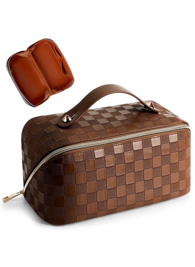 Cessfle Large Capacity Travel Cosmetic Bag Plaid Checkered Makeup Bag Portable Leather Waterproof Skincare Bag with Handle and Divider for Women - Image 1