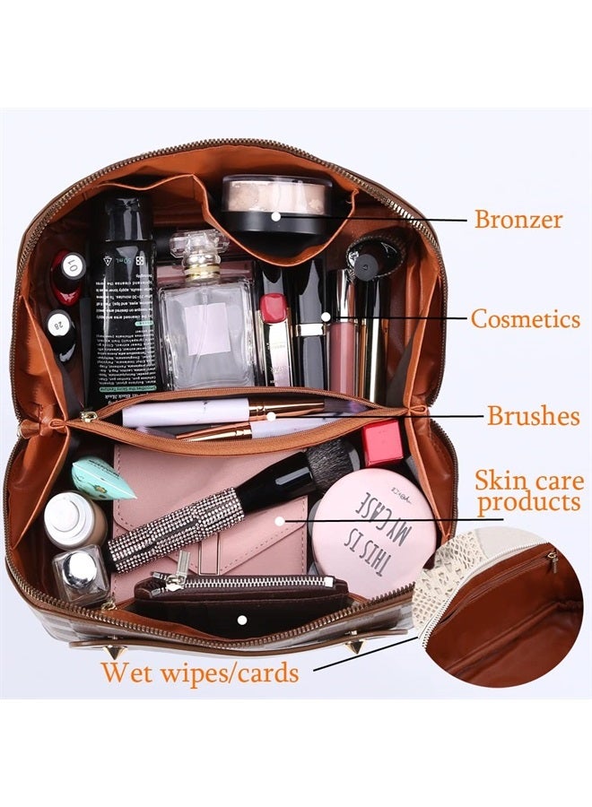 Cessfle Large Capacity Travel Cosmetic Bag Plaid Checkered Makeup Bag Portable Leather Waterproof Skincare Bag with Handle and Divider for Women - Image 5