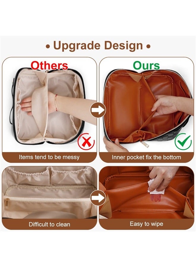 Cessfle Large Capacity Travel Cosmetic Bag Plaid Checkered Makeup Bag Portable Leather Waterproof Skincare Bag with Handle and Divider for Women - Image 4