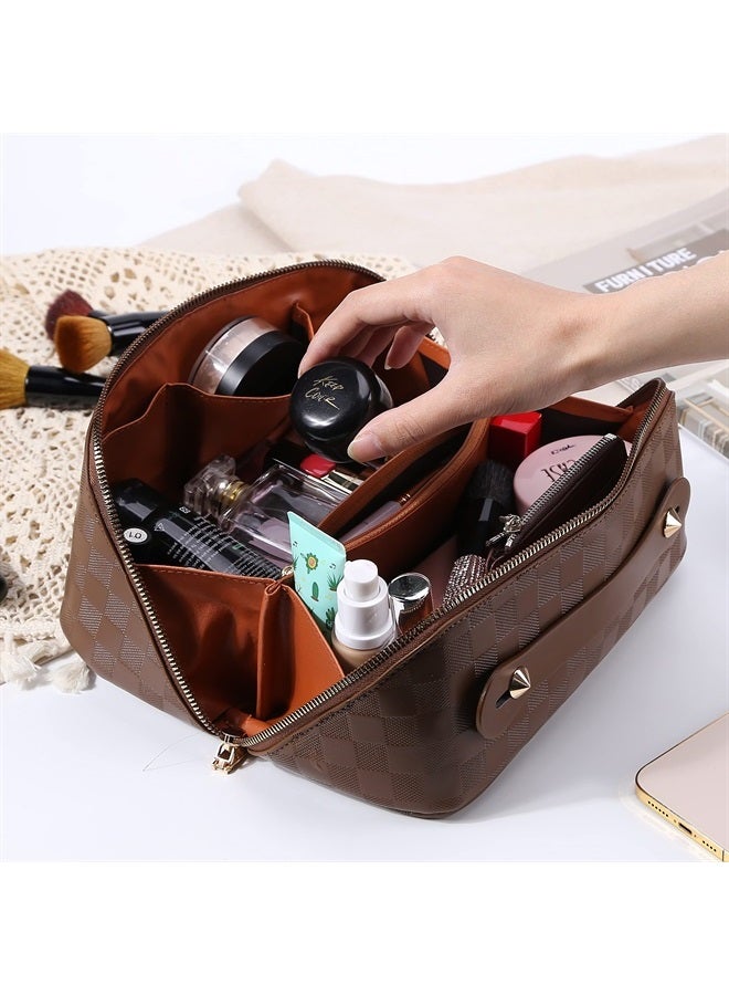 Cessfle Large Capacity Travel Cosmetic Bag Plaid Checkered Makeup Bag Portable Leather Waterproof Skincare Bag with Handle and Divider for Women - Image 2