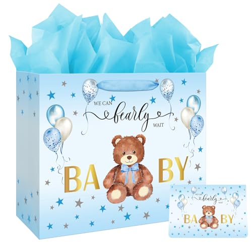 Laidans 13" Large Baby Shower Birthday Gift Bag for Boy with Tissue Papers and Card Blue Balloons Bear Design with Handles (Blue) - Image 1
