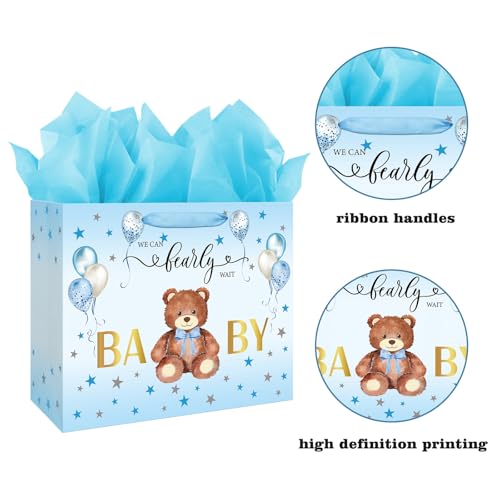 Laidans 13" Large Baby Shower Birthday Gift Bag for Boy with Tissue Papers and Card Blue Balloons Bear Design with Handles (Blue) - Image 3