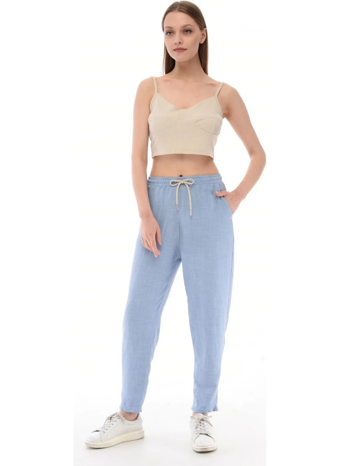 سيدي دينيم Women's Synthetic Linen High Waist Elastic Skinny Leg Mom Pants C611