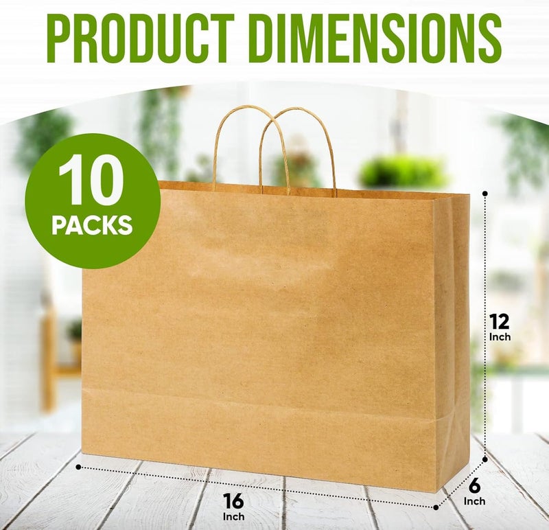 Premify 10 PCS Large Kraft Paper Bags with Handles - Heavy-Duty Brown Gift Bags (16x6x12 inch) - Image 2