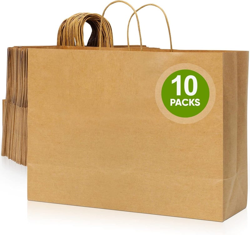 Premify 10 PCS Large Kraft Paper Bags with Handles - Heavy-Duty Brown Gift Bags (16x6x12 inch) - Image 1