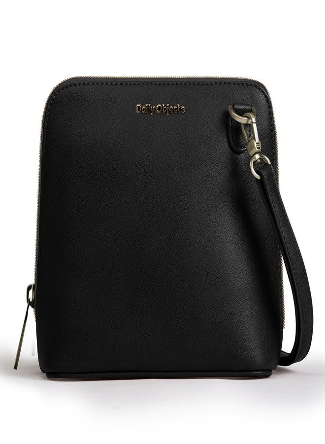 دايلي أوبجيكتز حقيبة كتف سوداء من DailyObjects بتصميم شبه منحرف للبنات والسيدات | مصنوعة من جلد نباتي متين | إغلاق بسحاب | أحزمة قابلة للتعديل والفصل - Image 1