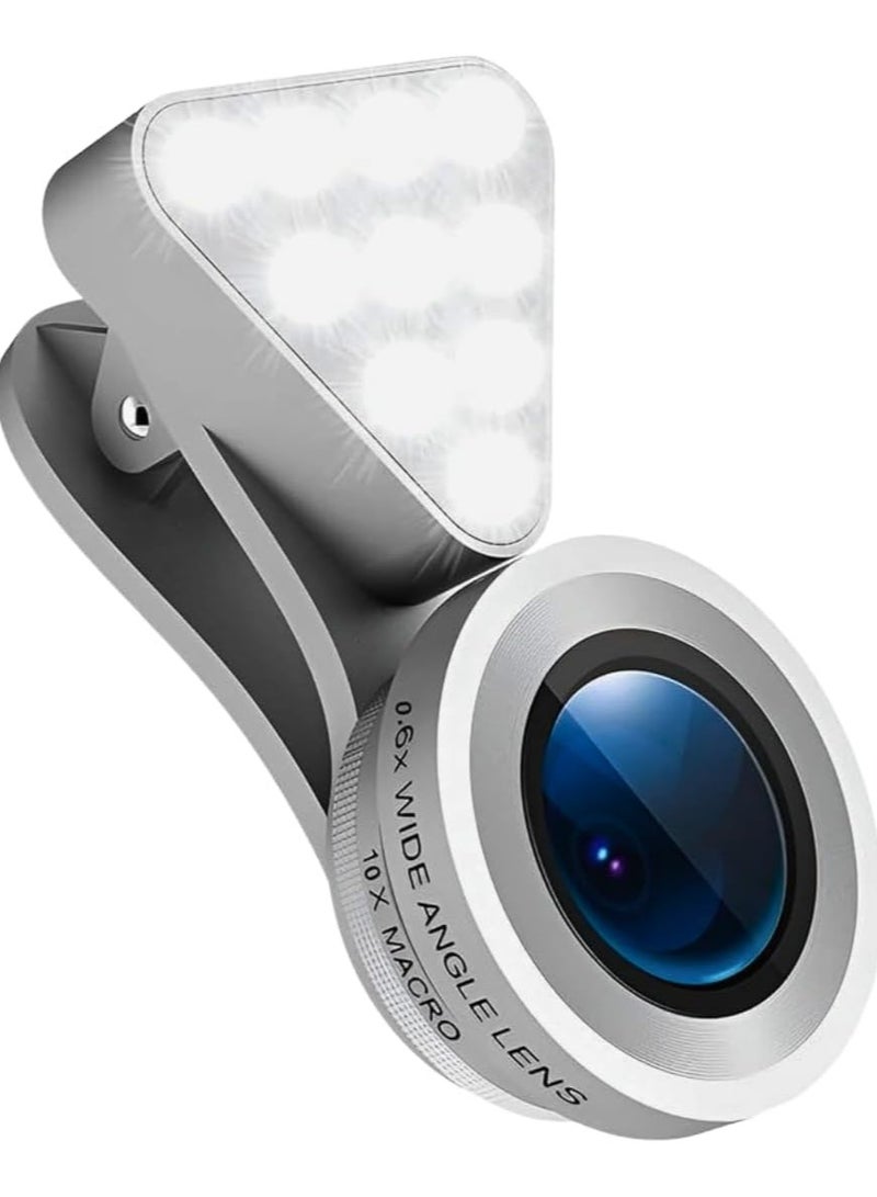 Rechargeable LED Selfie Light and Universal Camera Lens, 10x Macro Lens and 0.65x Wide Angle Clip-on Lens for Mobile Phones, Multi-level Brightness for Photography and Video (Silver) - Image 2