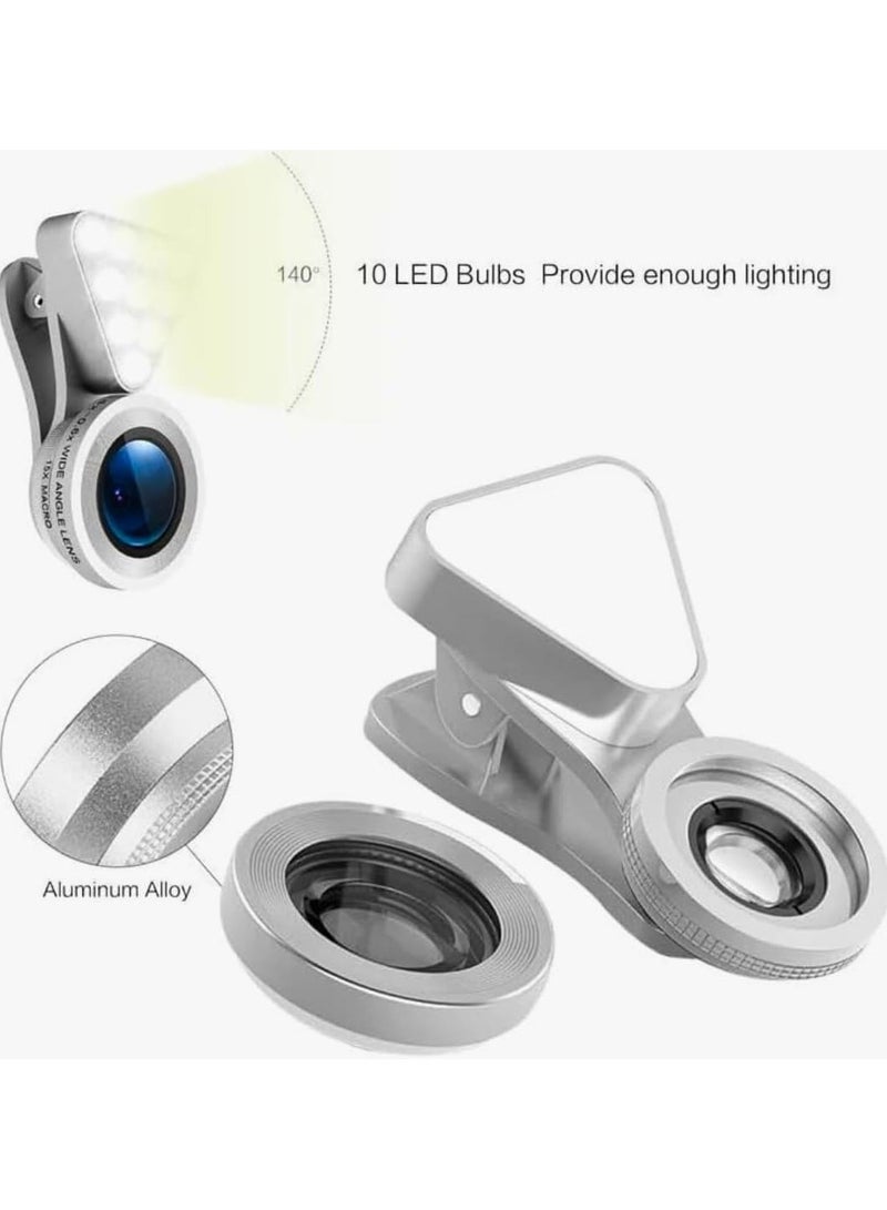 Rechargeable LED Selfie Light and Universal Camera Lens, 10x Macro Lens and 0.65x Wide Angle Clip-on Lens for Mobile Phones, Multi-level Brightness for Photography and Video (Silver) - Image 4