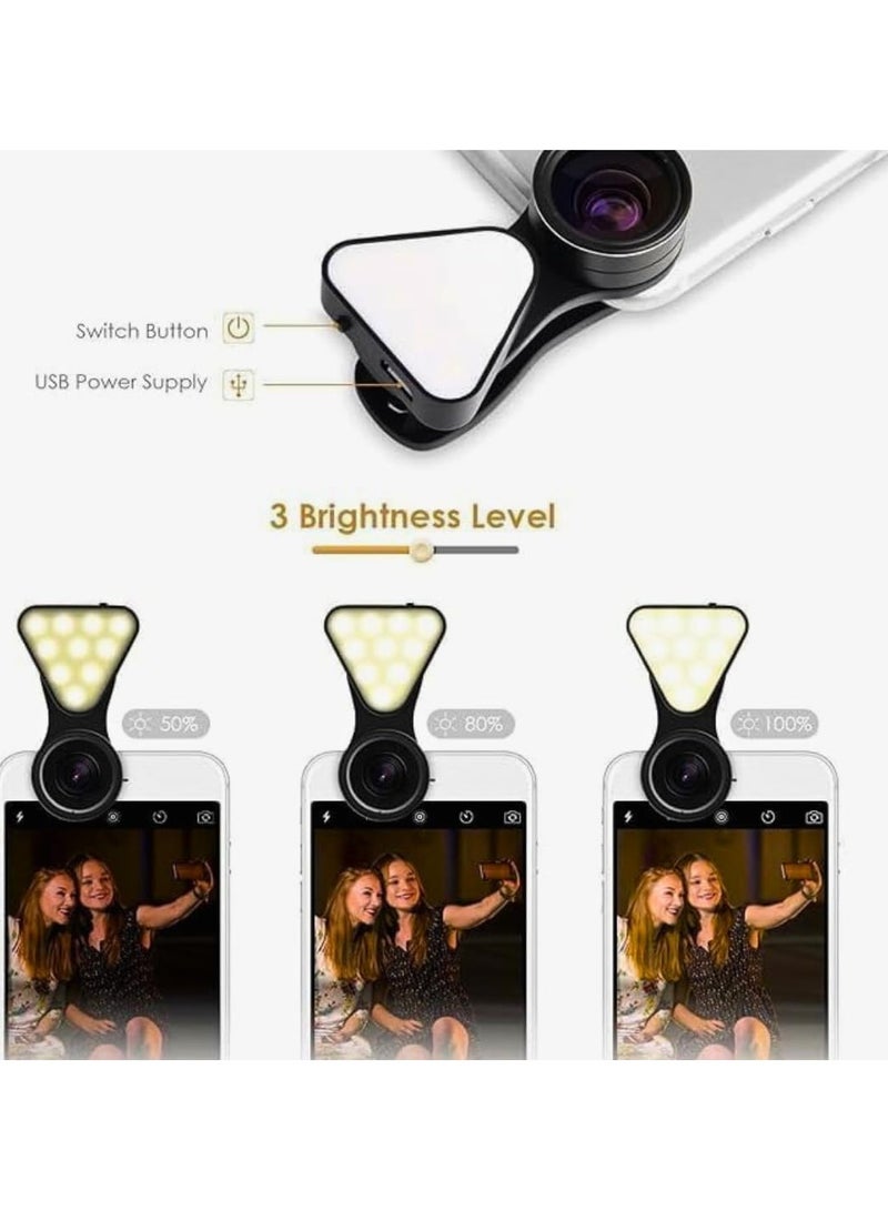 Rechargeable LED Selfie Light and Universal Camera Lens, 10x Macro Lens and 0.65x Wide Angle Clip-on Lens for Mobile Phones, Multi-level Brightness for Photography and Video (Silver) - Image 5