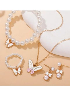 Goolsky 1set Pearl Butterfly Trendy Necklace Earrings Pearl Bracelet Ring Set For Girls  - Image 2