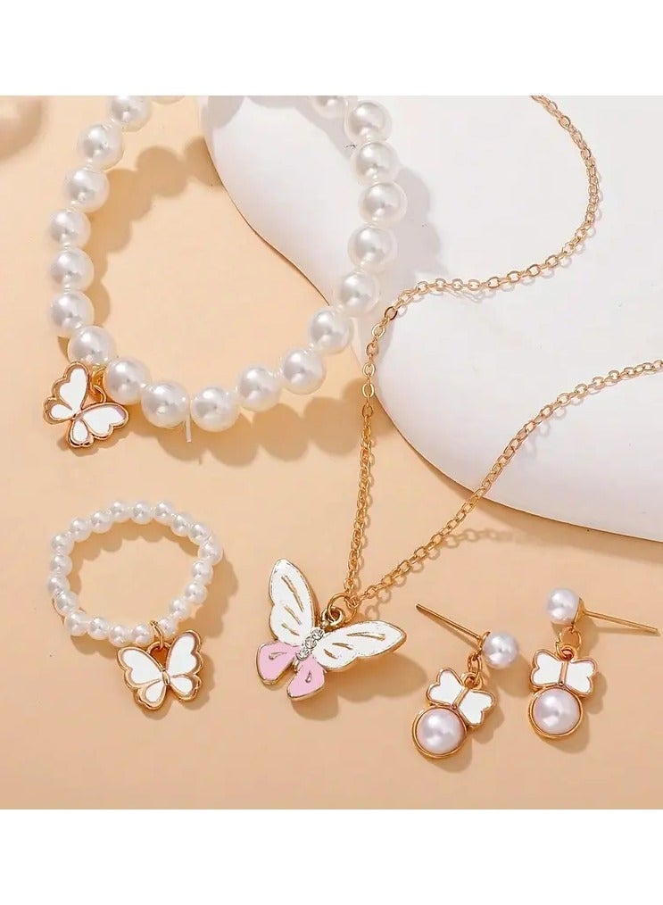 Goolsky 1set Pearl Butterfly Trendy Necklace Earrings Pearl Bracelet Ring Set For Girls  - Image 2