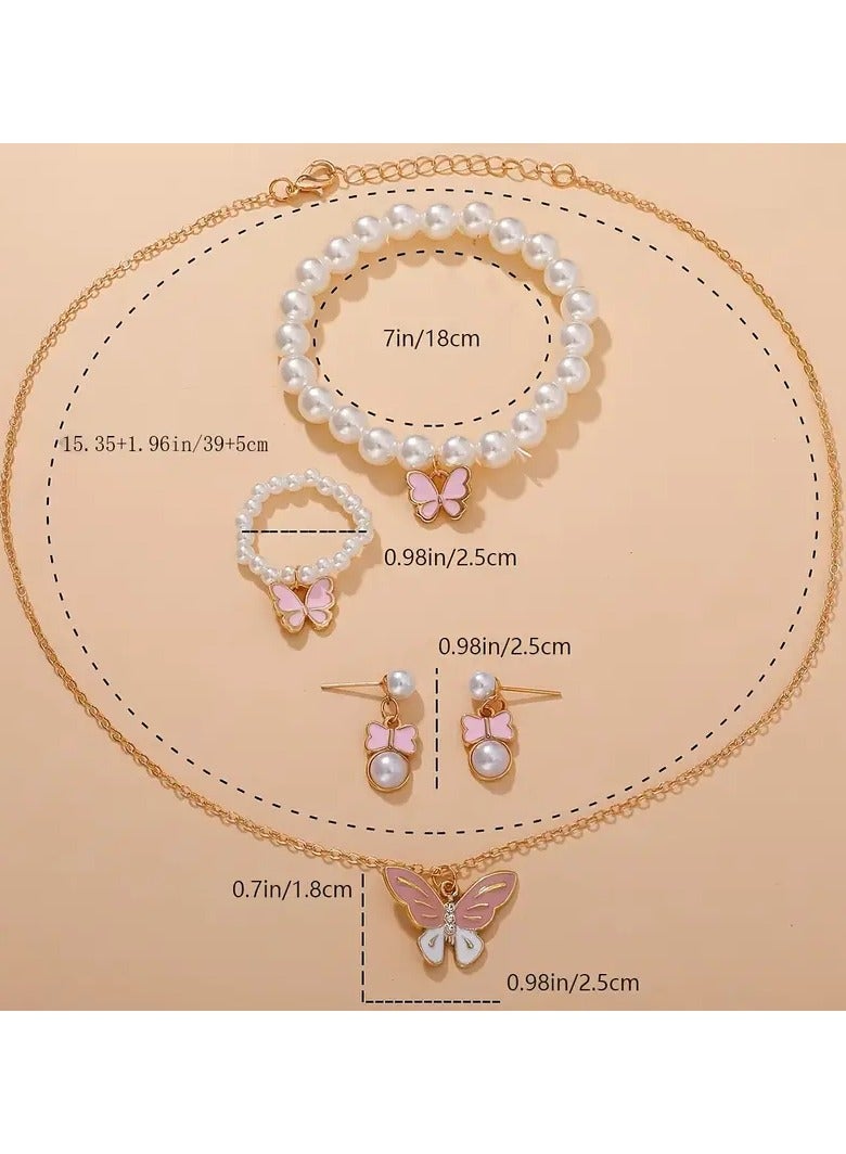 Goolsky 1set Pearl Butterfly Trendy Necklace Earrings Pearl Bracelet Ring Set For Girls  - Image 3