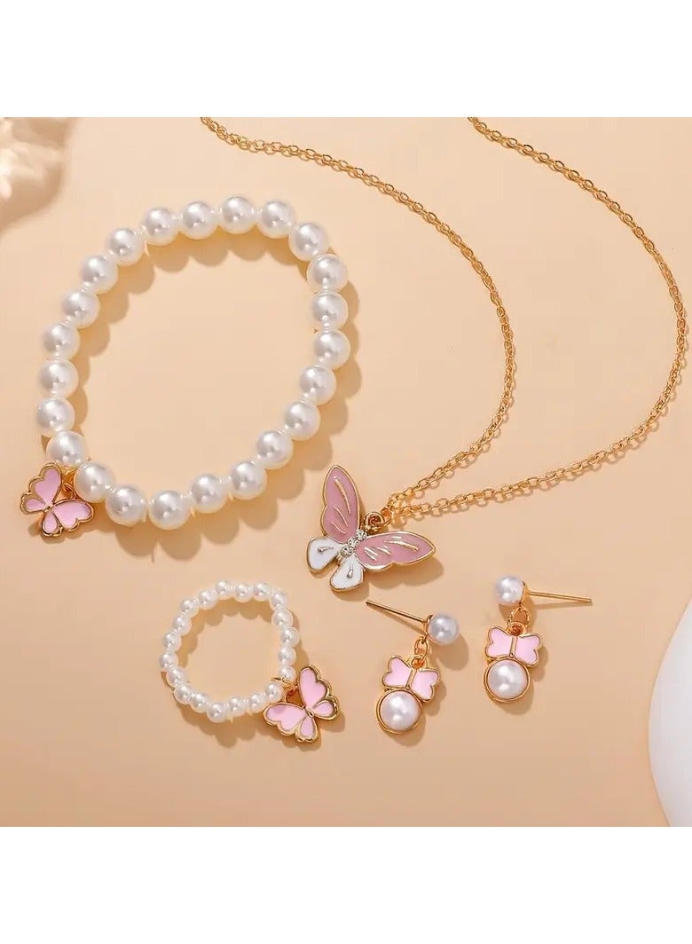 Goolsky 1set Pearl Butterfly Trendy Necklace Earrings Pearl Bracelet Ring Set For Girls  - Image 5