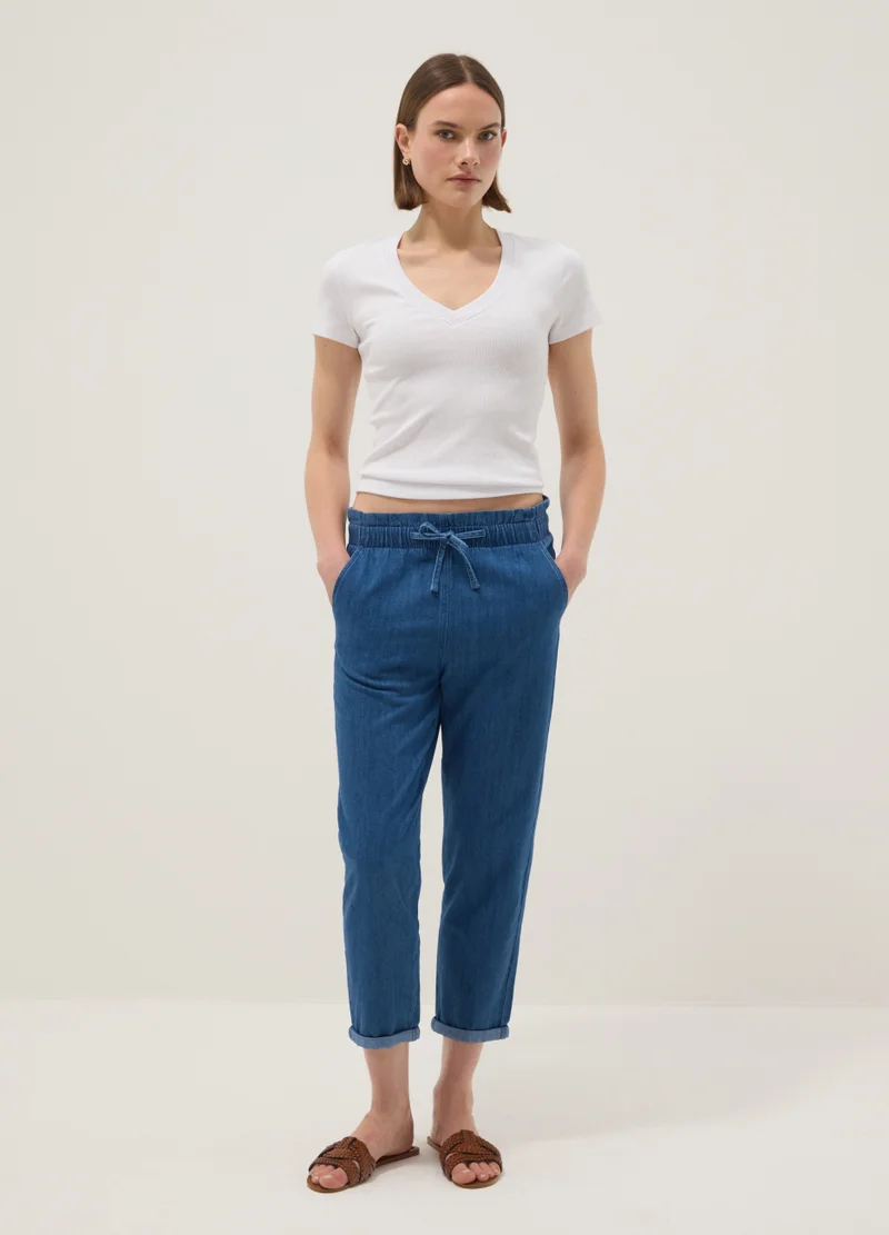 OVS Paper Bag Trousers In Pure Blue Denim Cotton Regular Fit