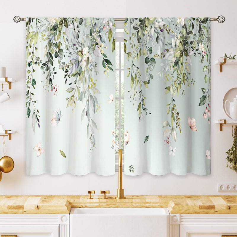 Oolygoo Eucalyptus Botanical Leaves Floral Kitchen Window Curtains Butterfly Farmhouse Flower Leaf Small Window Treatment Sage Green Cafe Short Curtains For Bathroom Treatment Tier Drapes 26X36 Inch - Image 1