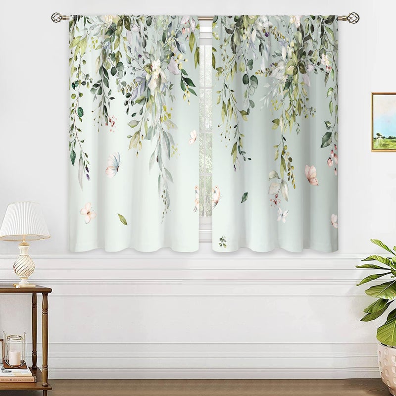 Oolygoo Eucalyptus Botanical Leaves Floral Kitchen Window Curtains Butterfly Farmhouse Flower Leaf Small Window Treatment Sage Green Cafe Short Curtains For Bathroom Treatment Tier Drapes 26X36 Inch - Image 4