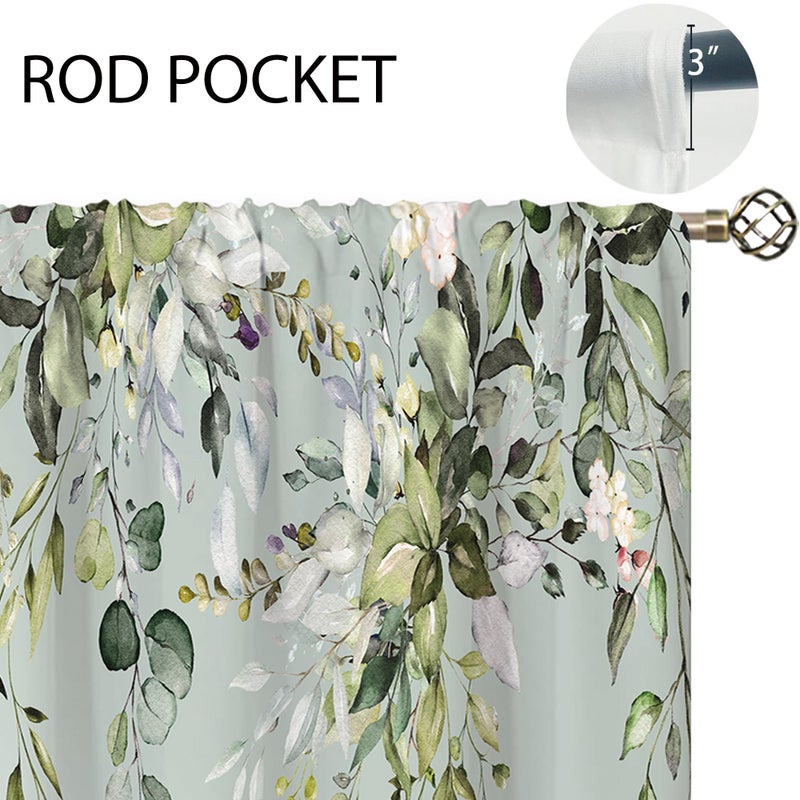 Oolygoo Eucalyptus Botanical Leaves Floral Kitchen Window Curtains Butterfly Farmhouse Flower Leaf Small Window Treatment Sage Green Cafe Short Curtains For Bathroom Treatment Tier Drapes 26X36 Inch - Image 5